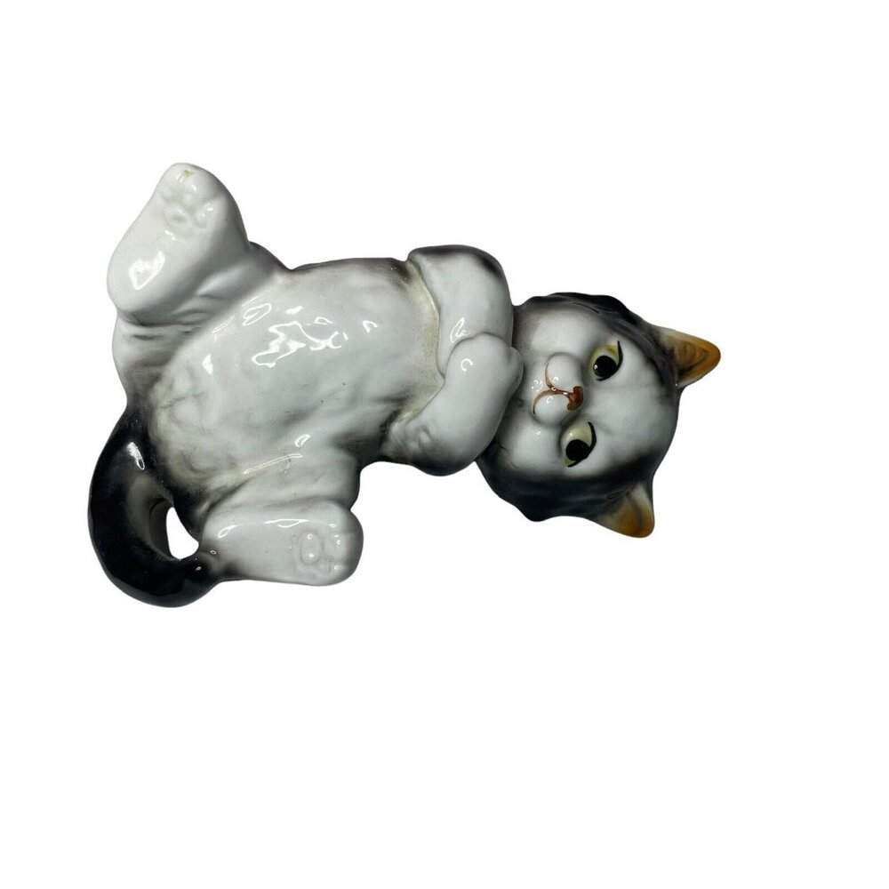 Vintage Black White Cat Kitten Figurine Bone China MCM Laying On Back 5”